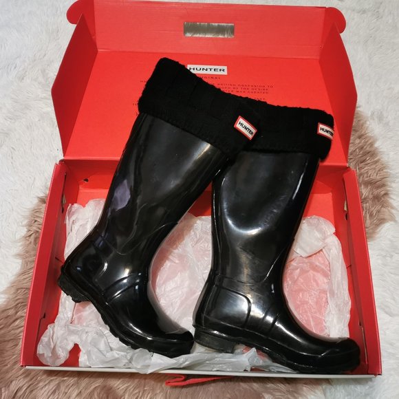 Hunter Original Black Gloss + Boot Sock Size 7